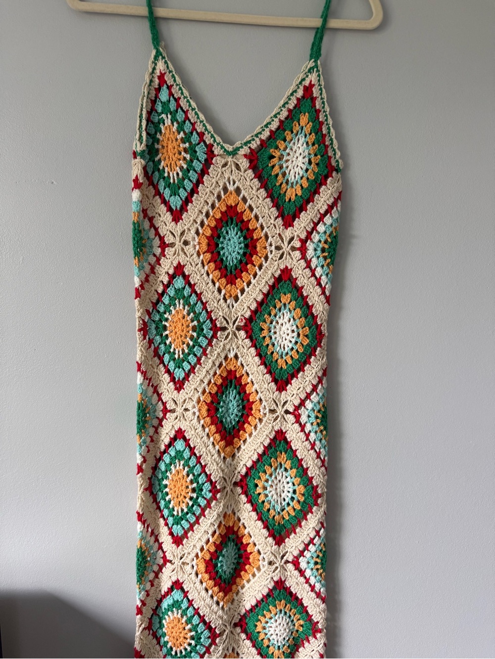 Elan Crochet Diamond Maxi Dress in Cream, Green & Orange